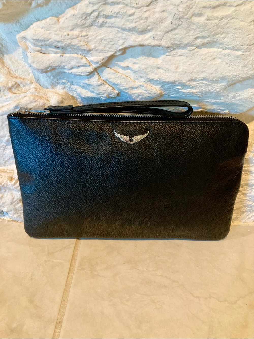 NWOT Zadig and Voltaire Uma Wings grained leather pouch- in Black